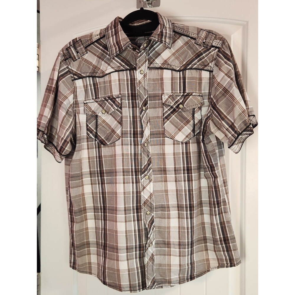 BKE Athletic Fit Mens L Plaid Short Sleeve Snap Button Down Shirt 100% Cotton